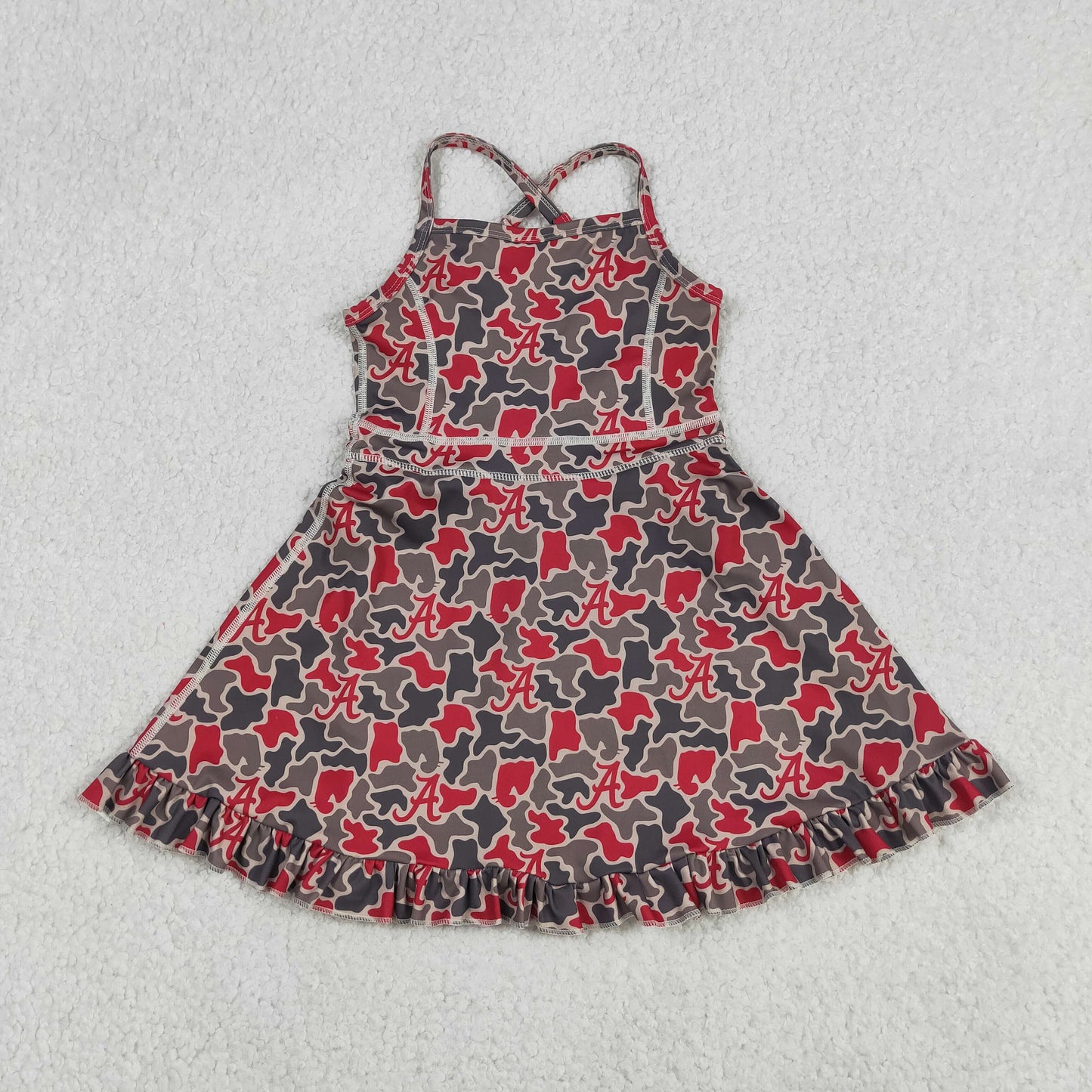 RTS NO MOQ yoga fabric GSD3592 Baby Girls Strap Camo Team Sport Style Ruffle Knee Length Dresses