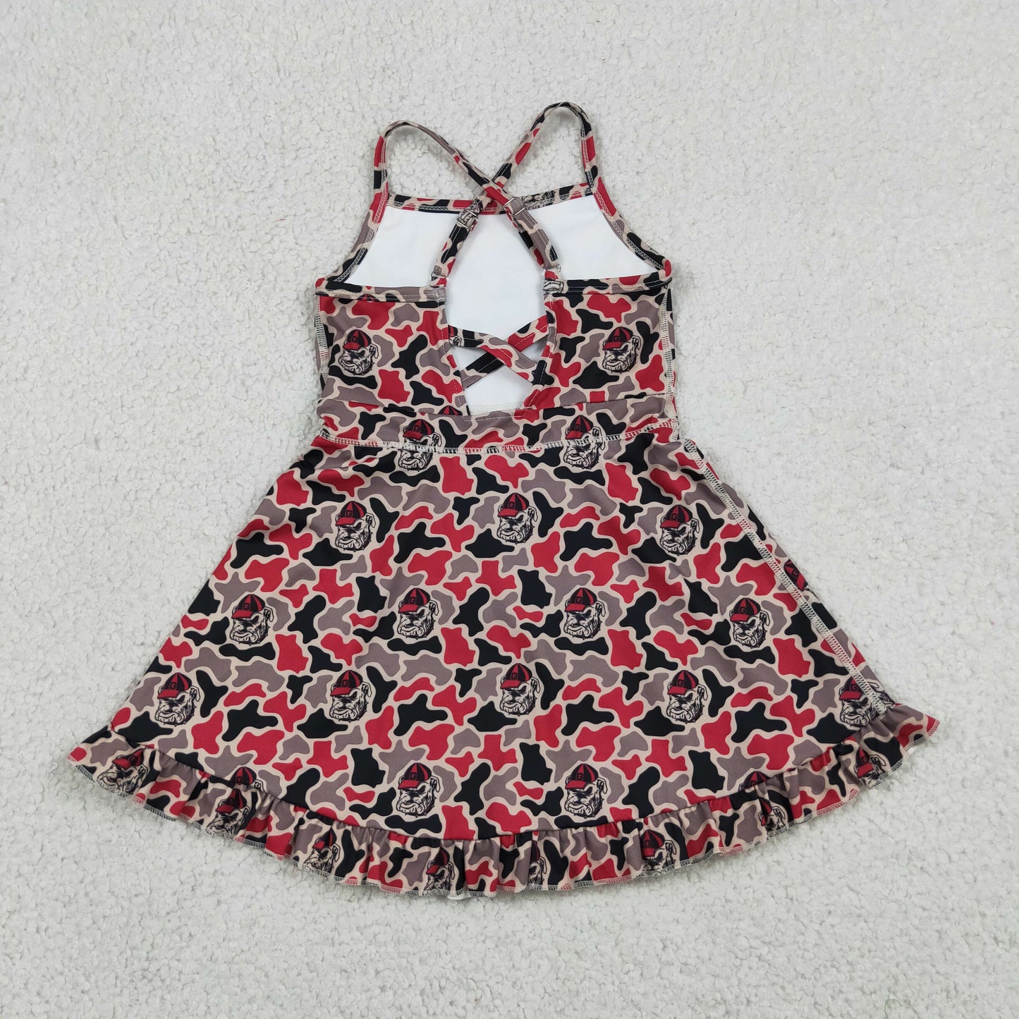 RTS NO MOQ yoga fabric GSD3593 Baby Girls Strap Camo Team Print Ruffle Knee Length Dress