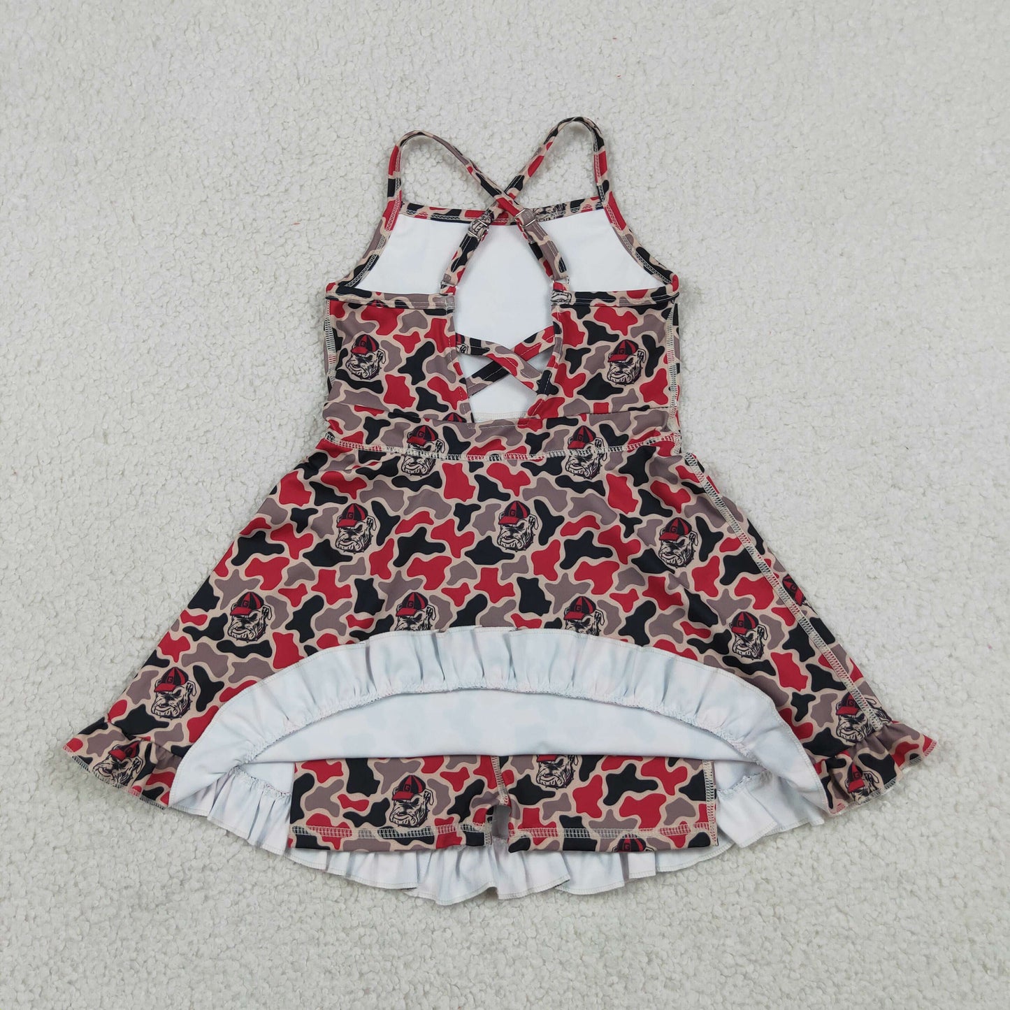 RTS NO MOQ yoga fabric GSD3593 Baby Girls Strap Camo Team Print Ruffle Knee Length Dress