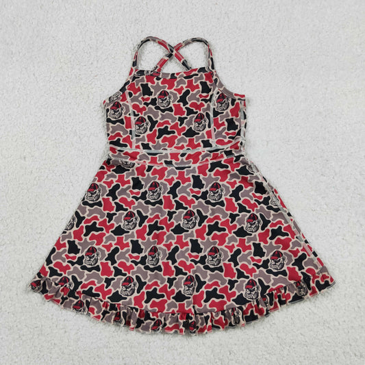 RTS NO MOQ yoga fabric GSD3593 Baby Girls Strap Camo Team Print Ruffle Knee Length Dress