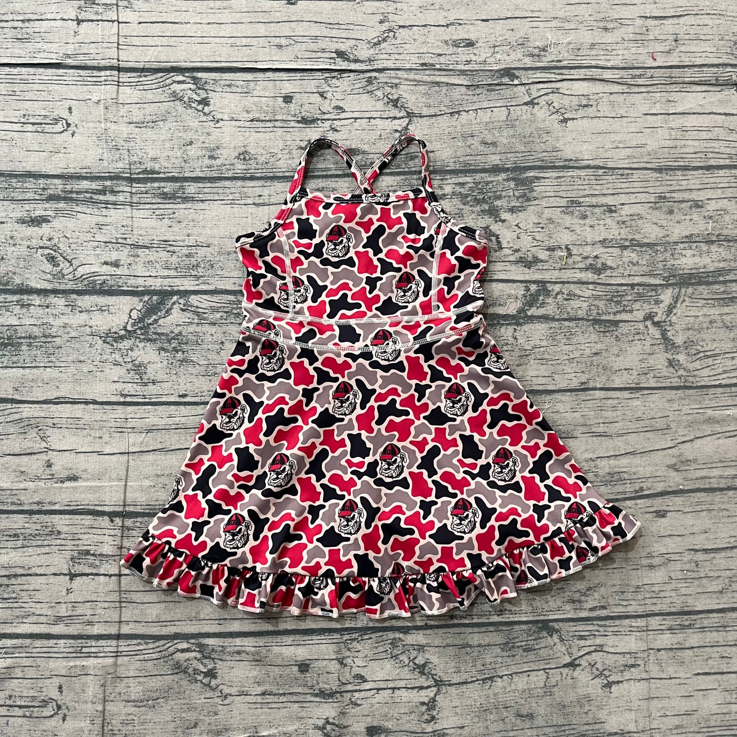 (Pre Order) No moq GSD3593 Yoga Baby Girls Cute Strap Camo Team Ruffle Knee Length Yoga Dresses
