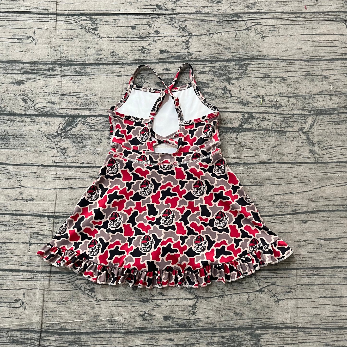 (Pre Order) No moq GSD3593 Yoga Baby Girls Cute Strap Camo Team Ruffle Knee Length Yoga Dresses