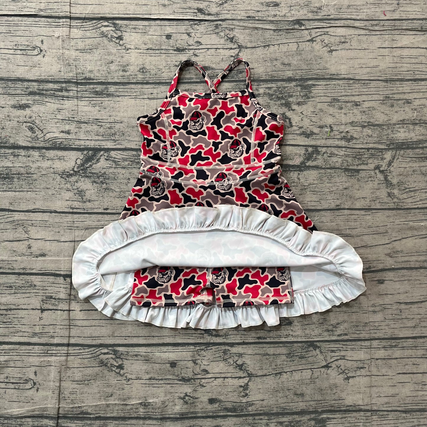 (Pre Order) No moq GSD3593 Yoga Baby Girls Cute Strap Camo Team Ruffle Knee Length Yoga Dresses