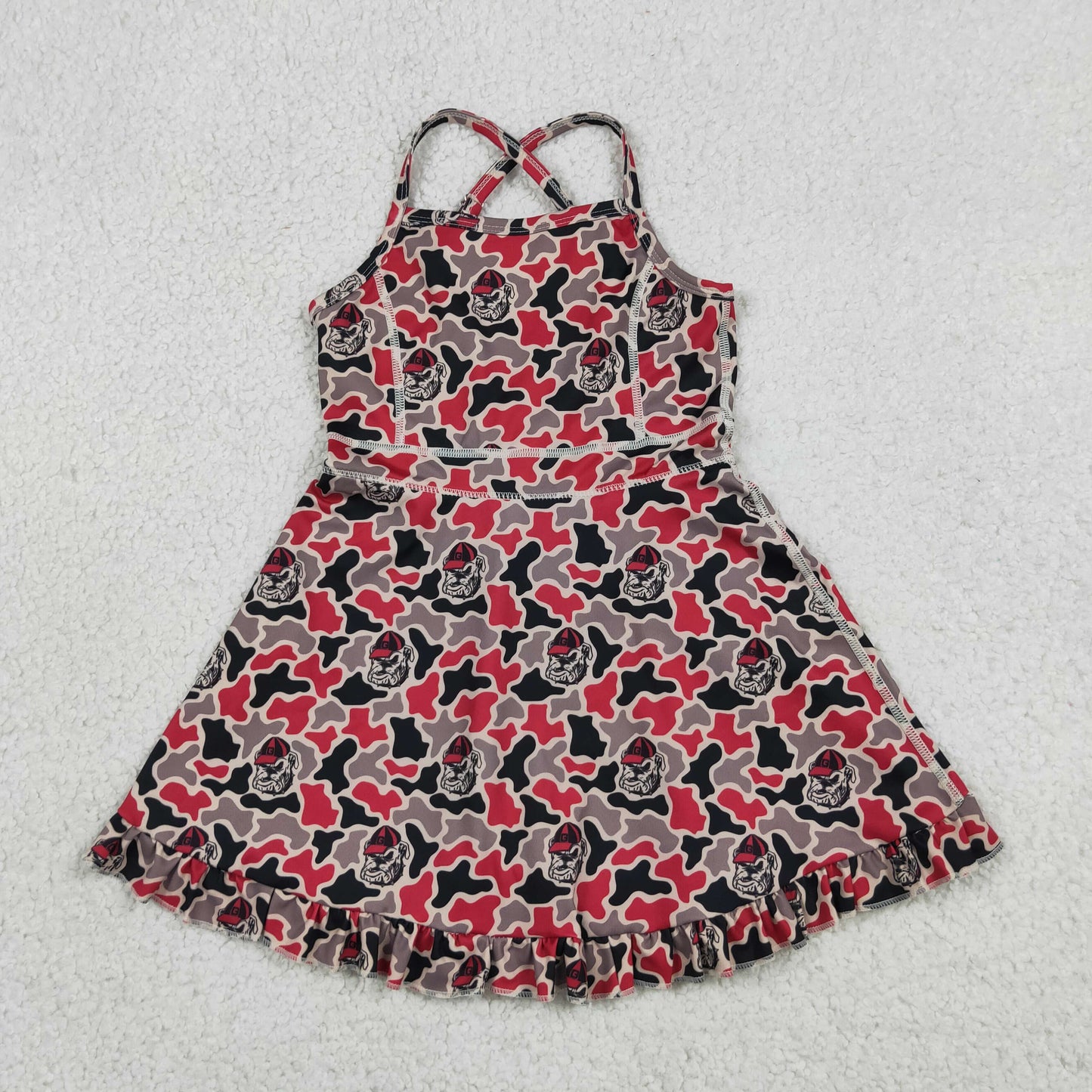 RTS NO MOQ Sibling milk silk Baby Girls Strap Camo Team Print Ruffle Knee Length Dress With Shorts