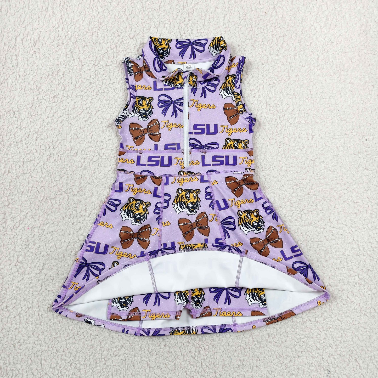 RTS NO MOQ yoga fabric GSD3604 Baby Girls Purple Active Print Knee Length Yoga Active Dresses