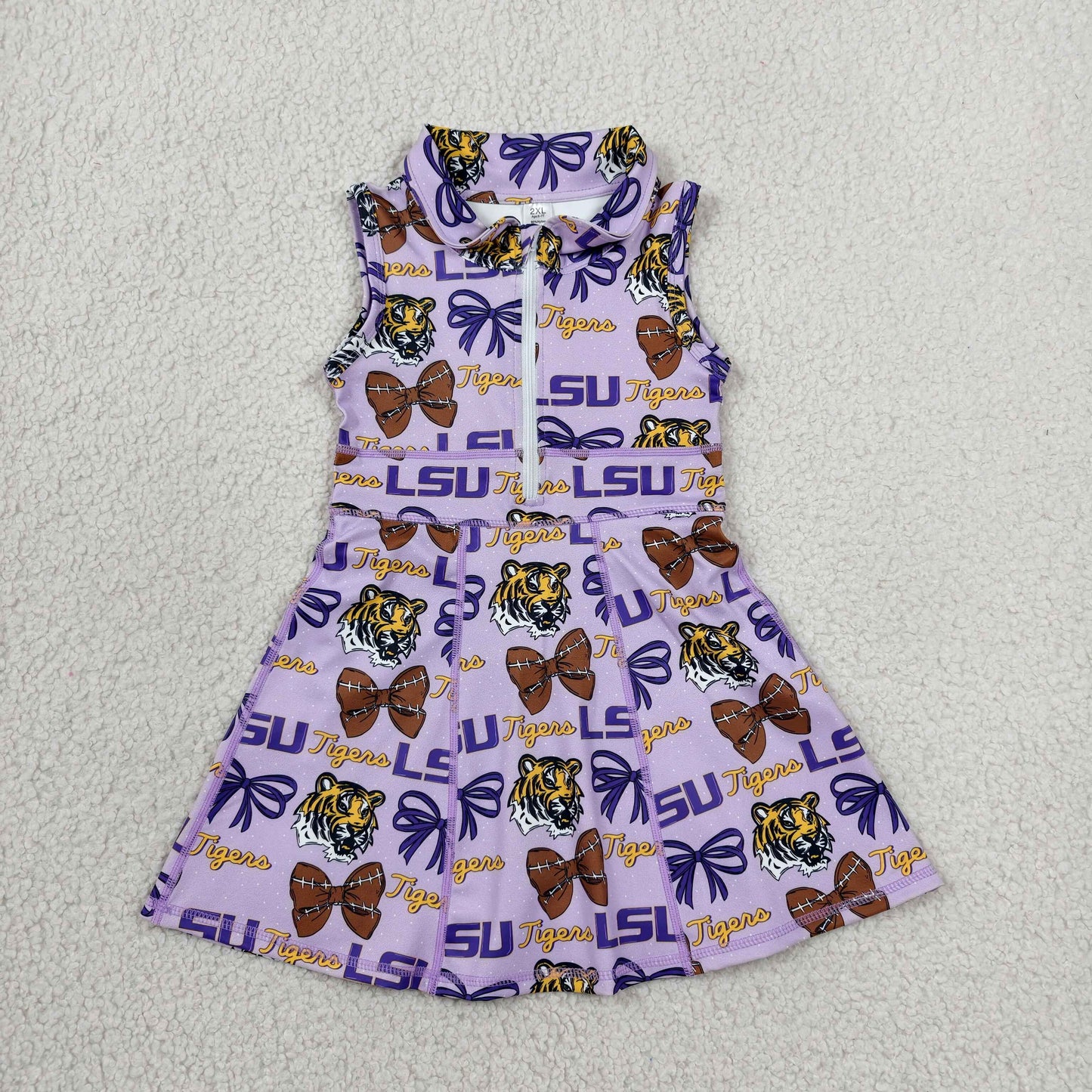 RTS NO MOQ yoga fabric GSD3604 Baby Girls Purple Active Print Knee Length Yoga Active Dresses