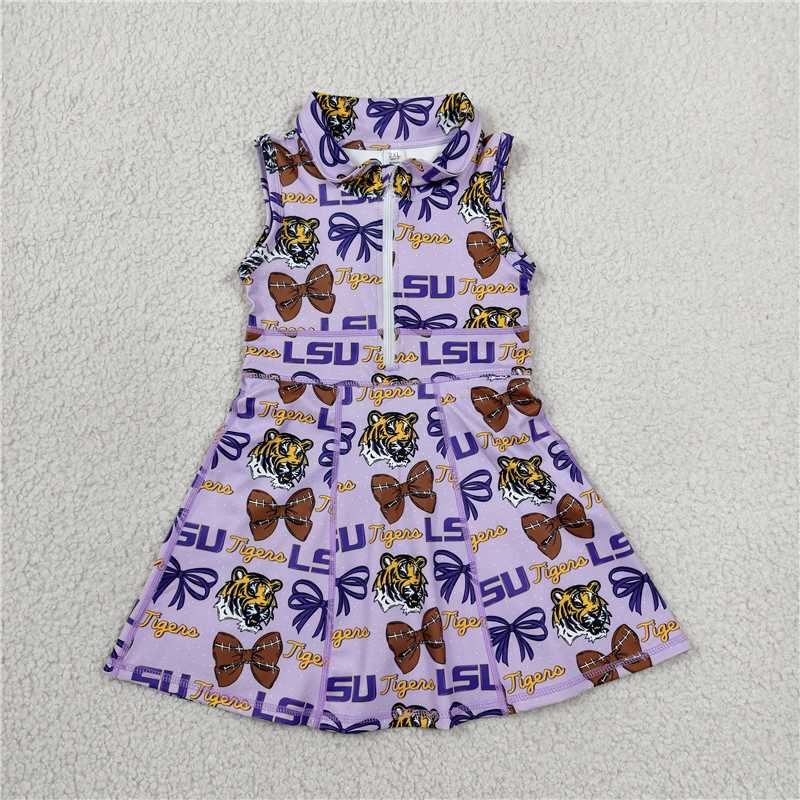 RTS NO MOQ Sibling yoga fabric Baby Girls Purple Sleeveless Shorts Team Yoga Active Knee Length Dresses