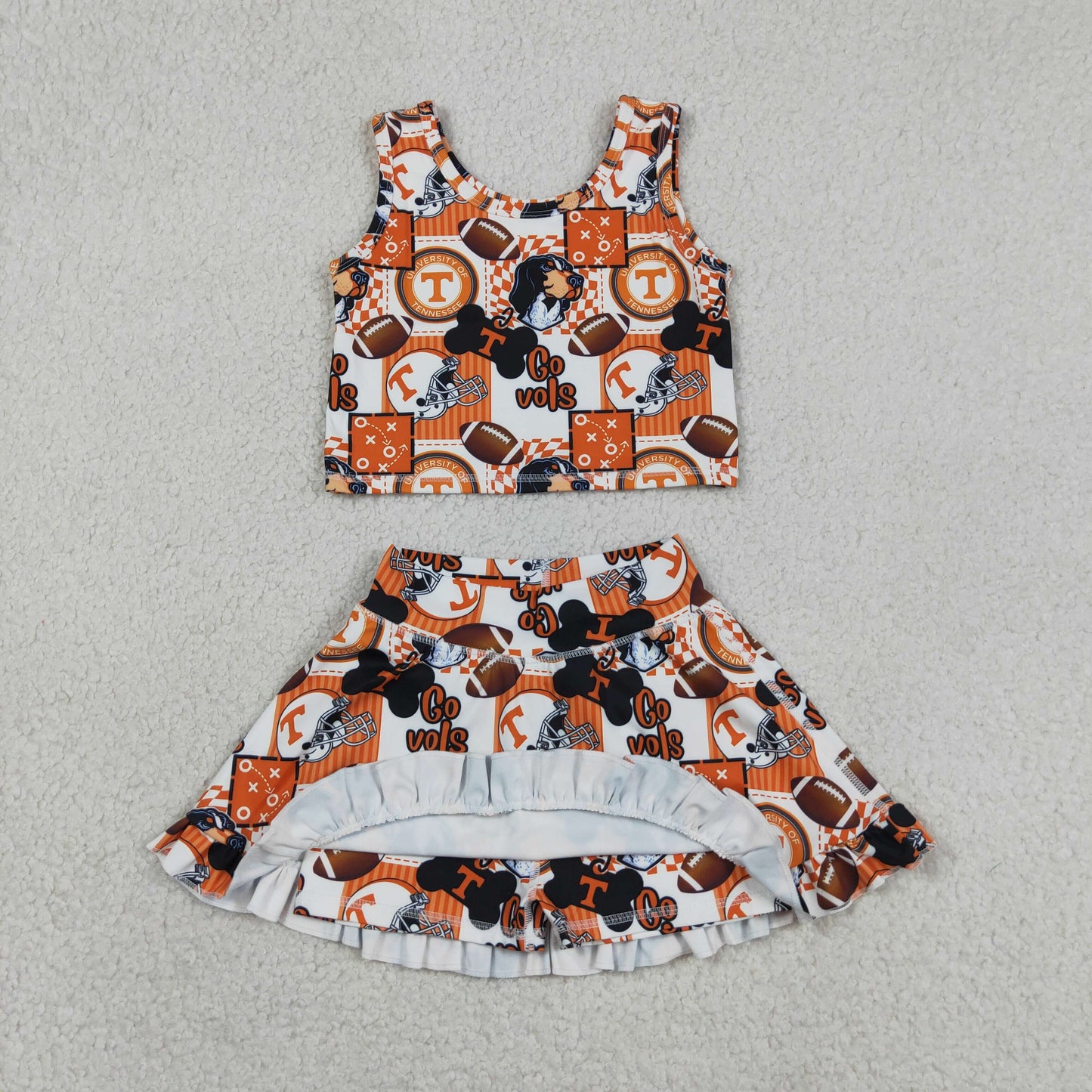 RTS NO MOQ yoga fabric GSD3613 Baby Girls Team Yoga Football Go Vols Vest And Ruffle Skirt