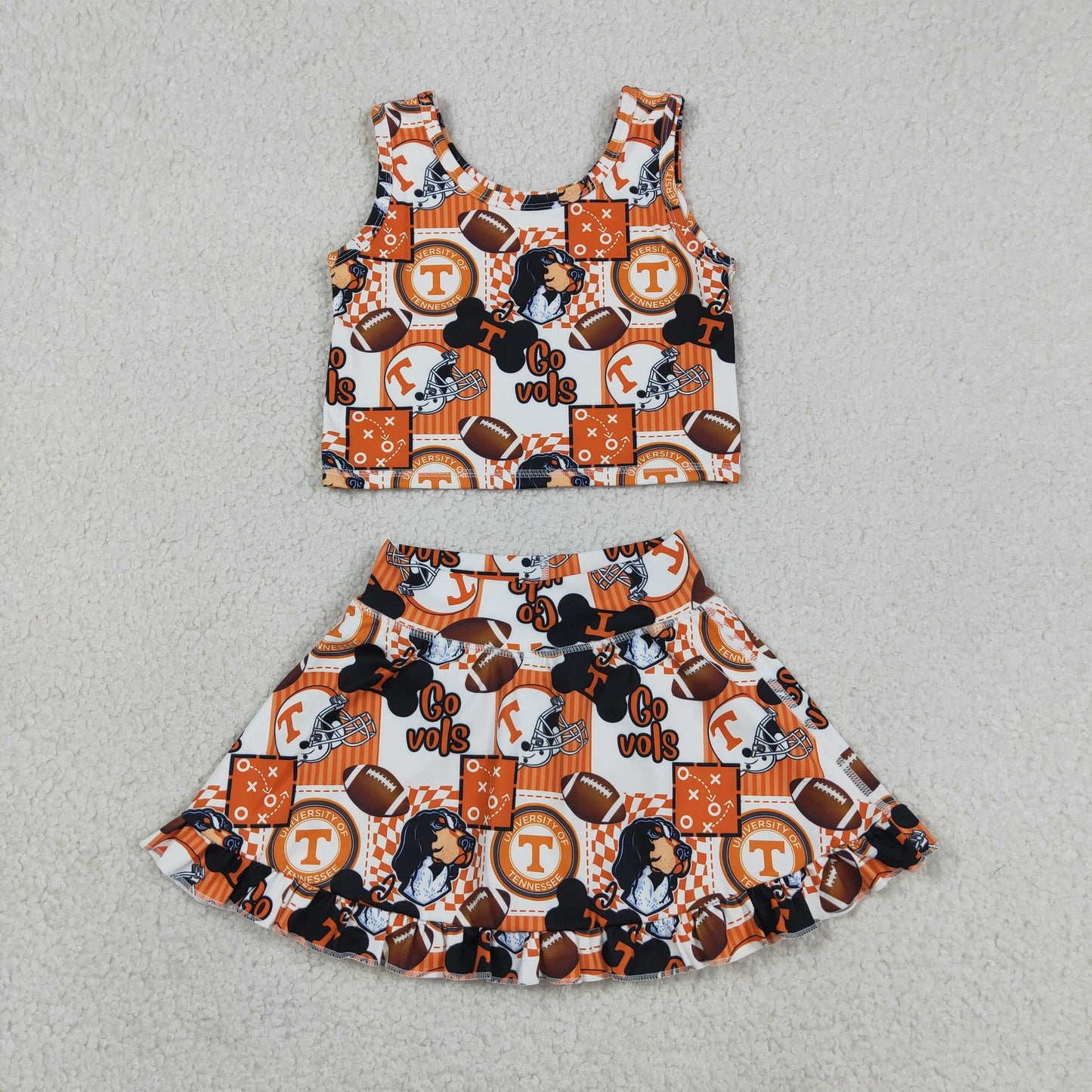 RTS NO MOQ yoga fabric GSD3613 Baby Girls Team Yoga Football Go Vols Vest And Ruffle Skirt