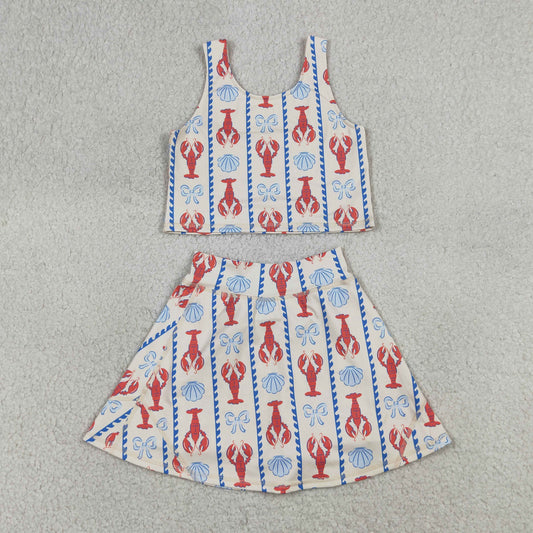 RTS NO MOQ GSD3626 Baby Girls Bows Crayfish Stripes Vest Top Skirt Short Set Active Yoga Clothes Outfit for Kids