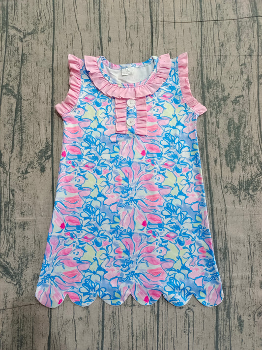 (Sample) No moq GSD3627 Baby Girls Sleeveless Ruffle Knee-Length Dress with Button Detail Floral Print Children's Clothing