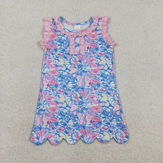 RTS NO MOQ GSD3627 Baby Girls  Sleeveless Ruffle Knee-Length Dress with Button Floral Print Children's Clothing