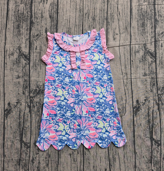 (Sample) No moq GSD3627 Baby Girls Sleeveless Ruffle Knee-Length Dress with Buttons Floral Print