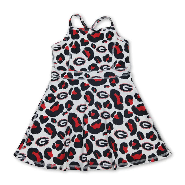RTS NO MOQ Sibling yoga fabric Baby Girls Strap Leopard Print Team Yoga Knee Length Dress