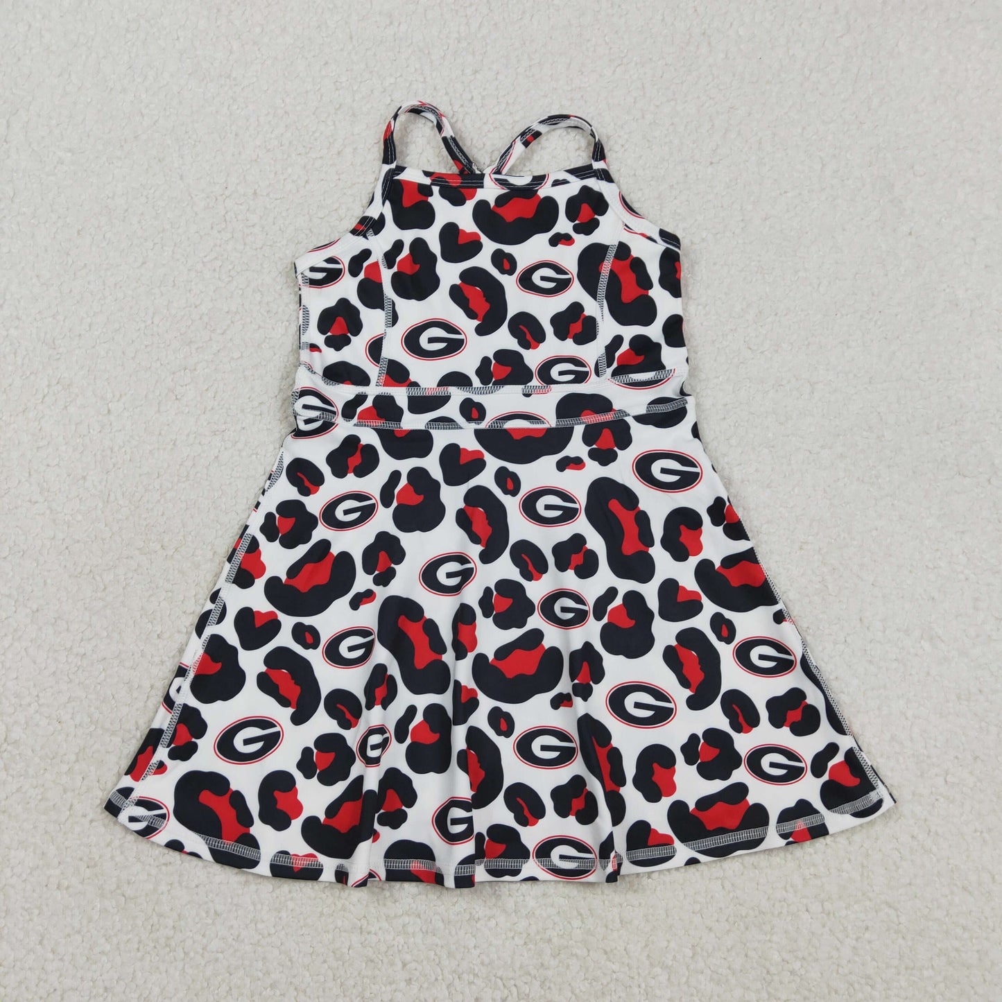 RTS NO MOQ GSD3632 Baby Girls Strap Knee-Length Dress Black Red Leopard Team Yoga Dress