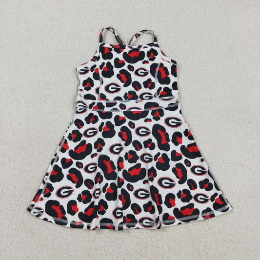 RTS NO MOQ GSD3632 Baby Girls Strap Knee-Length Dress Black Red Leopard Team Yoga Dress