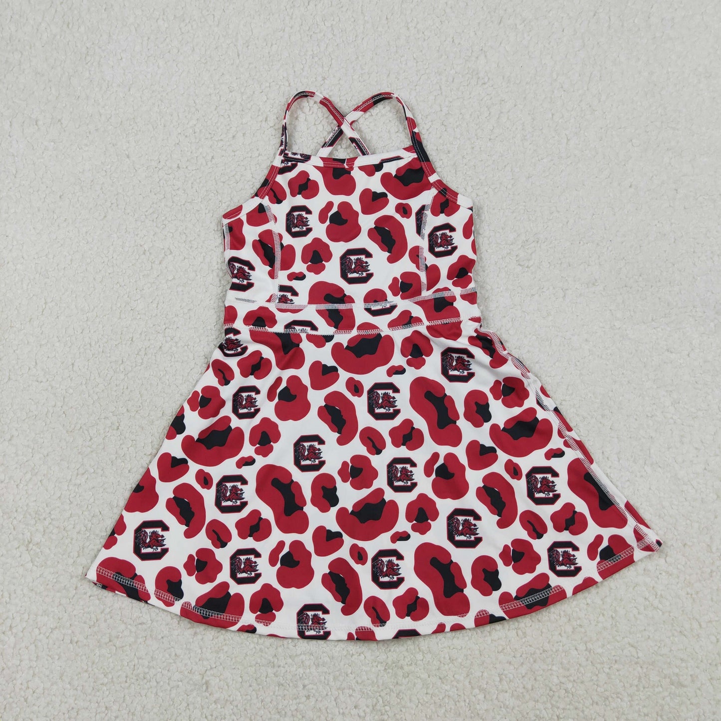 RTS NO MOQ GSD3633 Baby Girls Red Leopard Team Yoga Active Shorts with Strap Knee-Length Dress for Toddlers