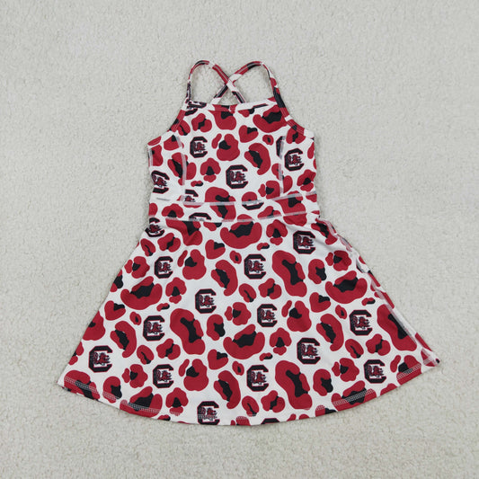 RTS NO MOQ GSD3633 Baby Girls Red Leopard Team Yoga Active Shorts with Strap Knee-Length Dress for Toddlers
