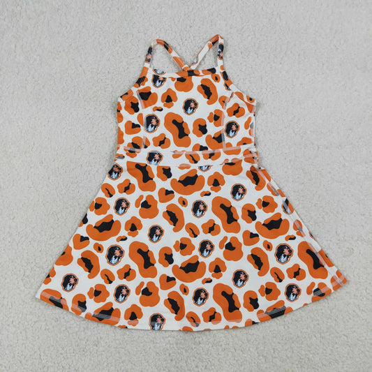 RTS NO MOQ GSD3634 Baby Girls Orange Leopard Strap Yoga Shorts Knee-Length Active Dress