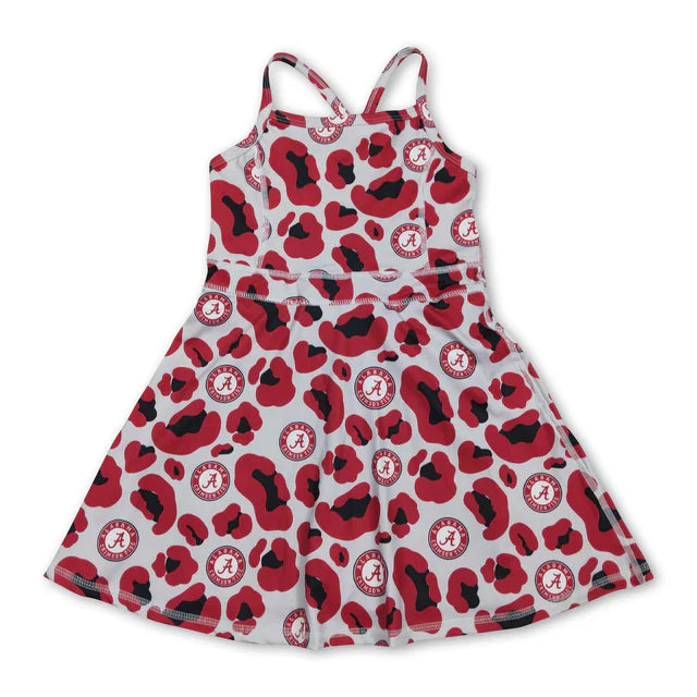 RTS NO MOQ Sibling yoga fabric Baby Girls Strap Leopard Print Team Yoga Knee Length Dress