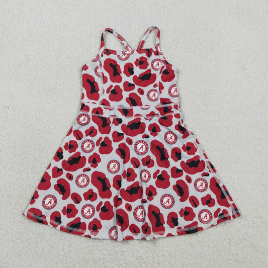 RTS NO MOQ GSD3635 Baby Girls Red Leopard Strap Yoga Shorts Knee-Length Active Dress Team Children's Outfit