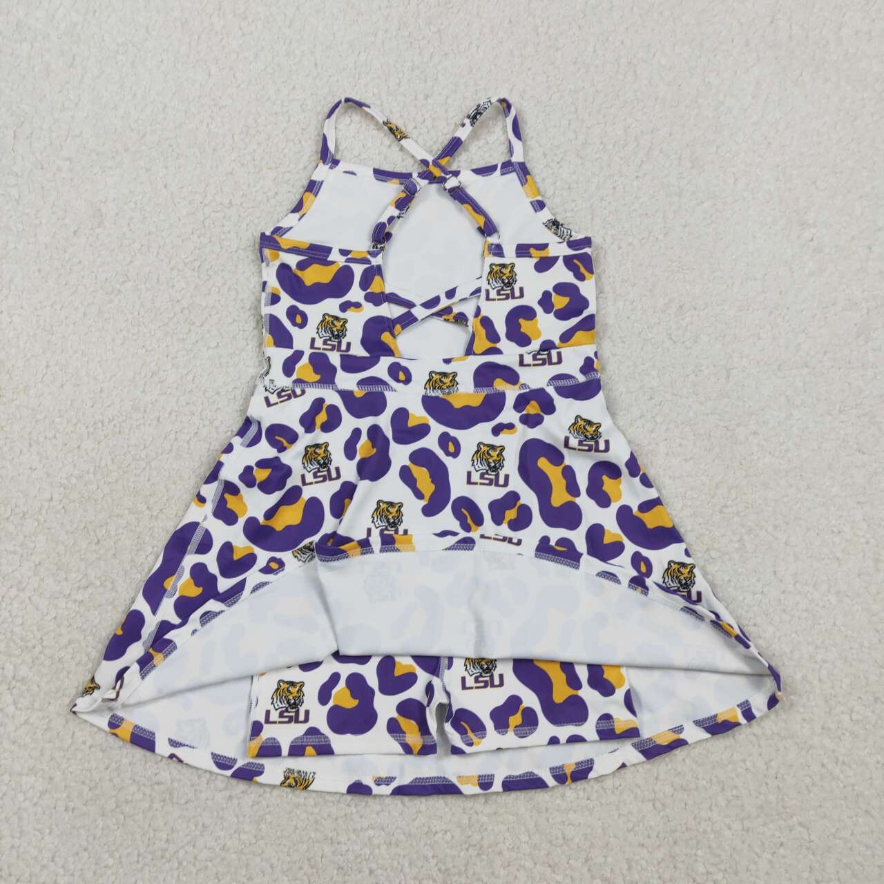 RTS NO MOQ GSD3639 Baby Girls Purple Leopard Team Yoga Active Shorts with Strap Knee-Length Dresses for Toddlers Active Wear