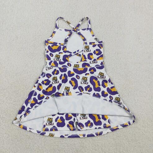 RTS NO MOQ Sibling Baby Girls Strap Leopard Print Yoga Short Knee-Length Dress Active Team Outfit for Girls