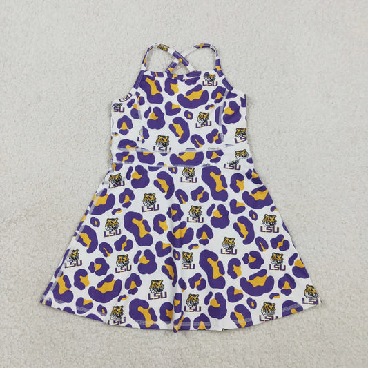 Best Sell RTS Baby Girls Purple Leopard Tigers Team Yoga Active Shorts with Strap Knee Length Dresses