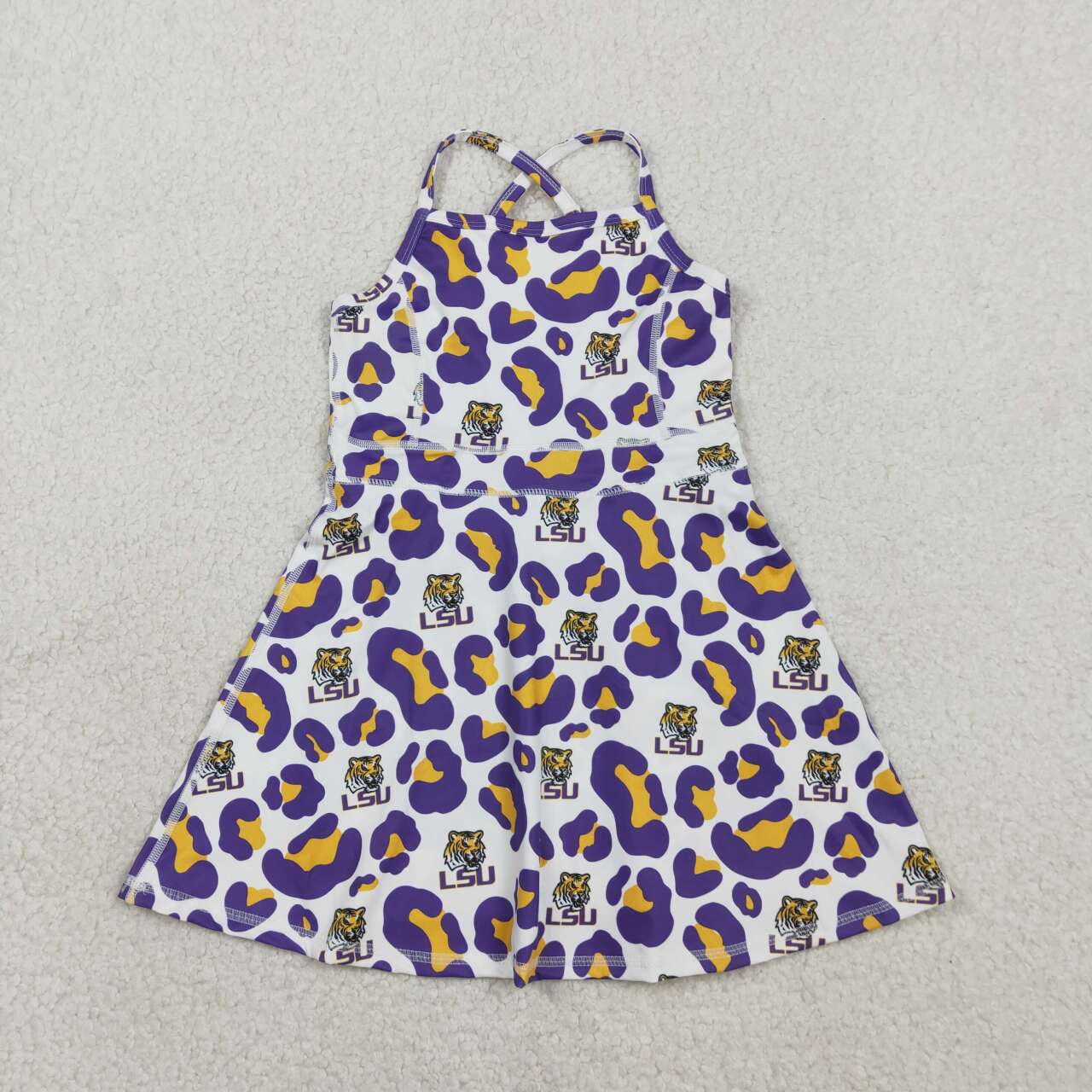 RTS NO MOQ GSD3639 Baby Girls Purple Leopard Team Yoga Active Shorts with Strap Knee-Length Dresses for Toddlers Active Wear