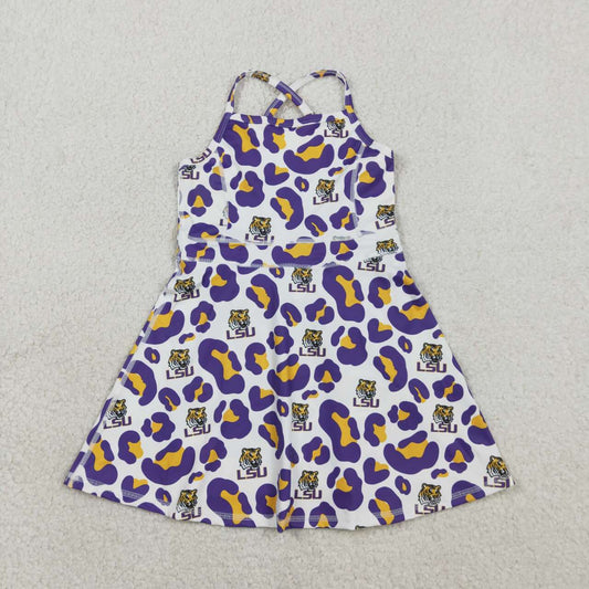 RTS NO MOQ GSD3639 Baby Girls Purple Leopard Team Yoga Active Shorts with Strap Knee-Length Dresses for Toddlers Active Wear