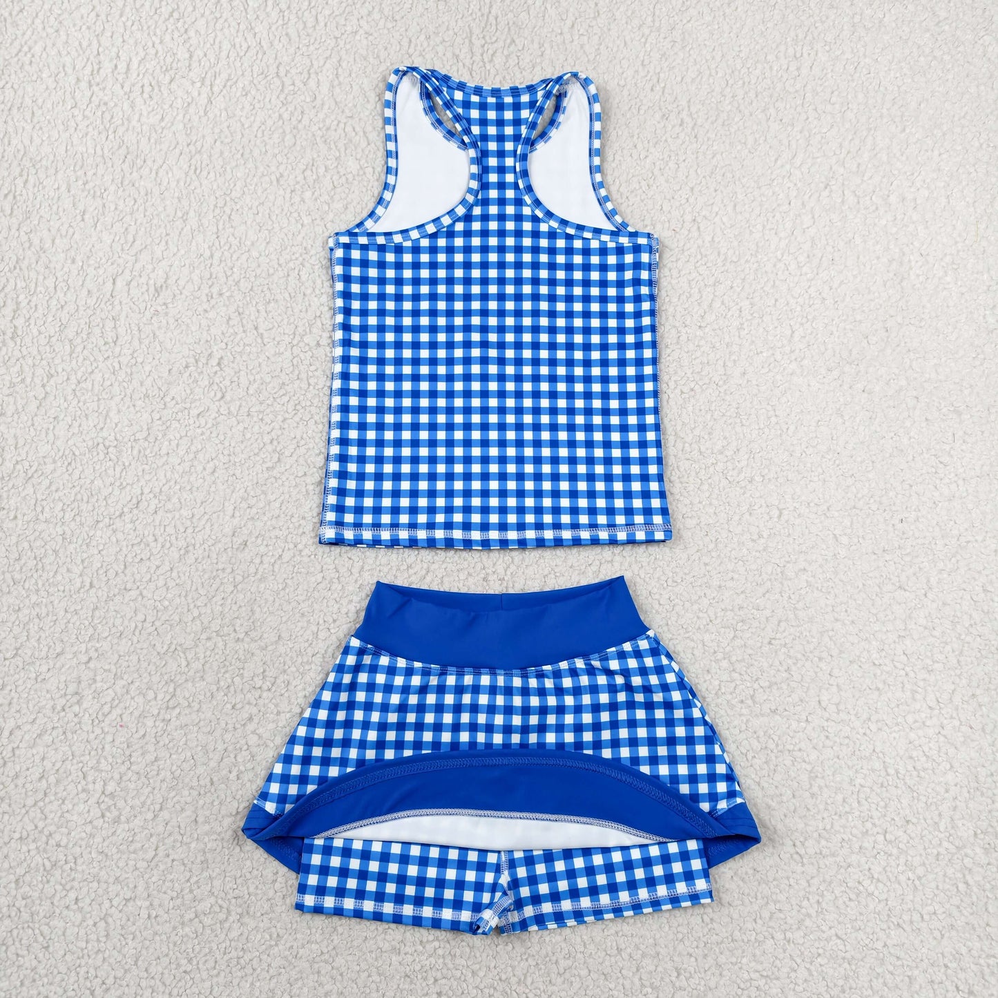 RTS NO MOQ yoga fabric GSD3652 Baby Girls Blue Plaid Tunic Skort Summer Outfit