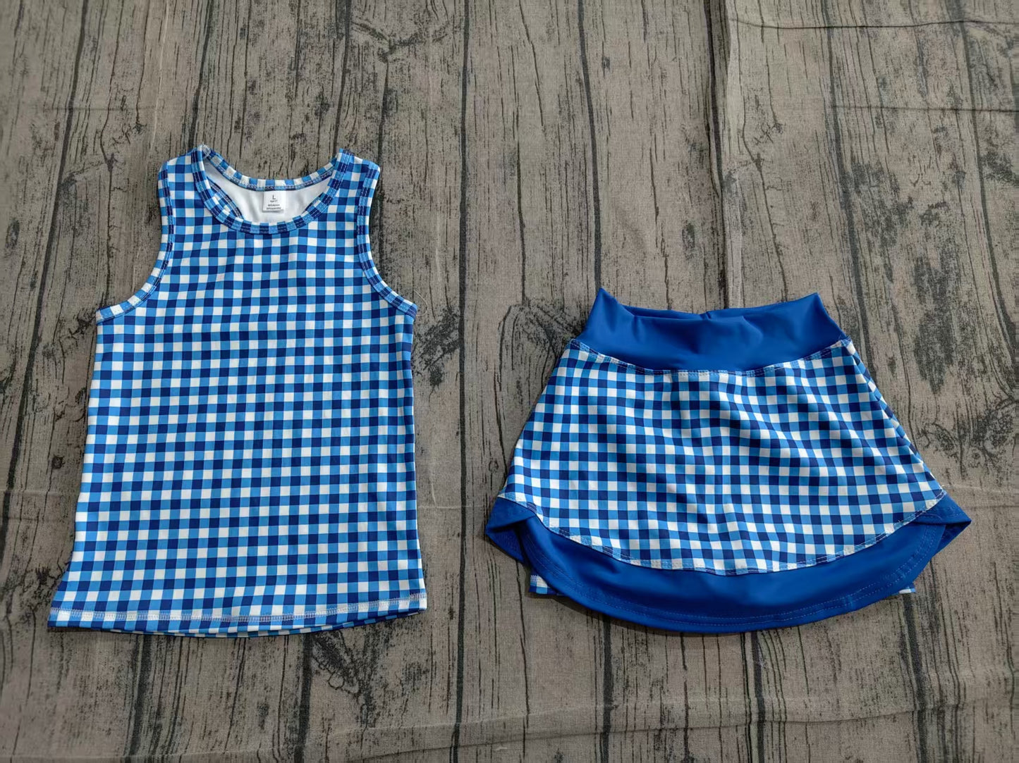 (Pre Order) No moq GSD3652 Toddler Girls Blue Plaid Tunic Skort Two Piece Set