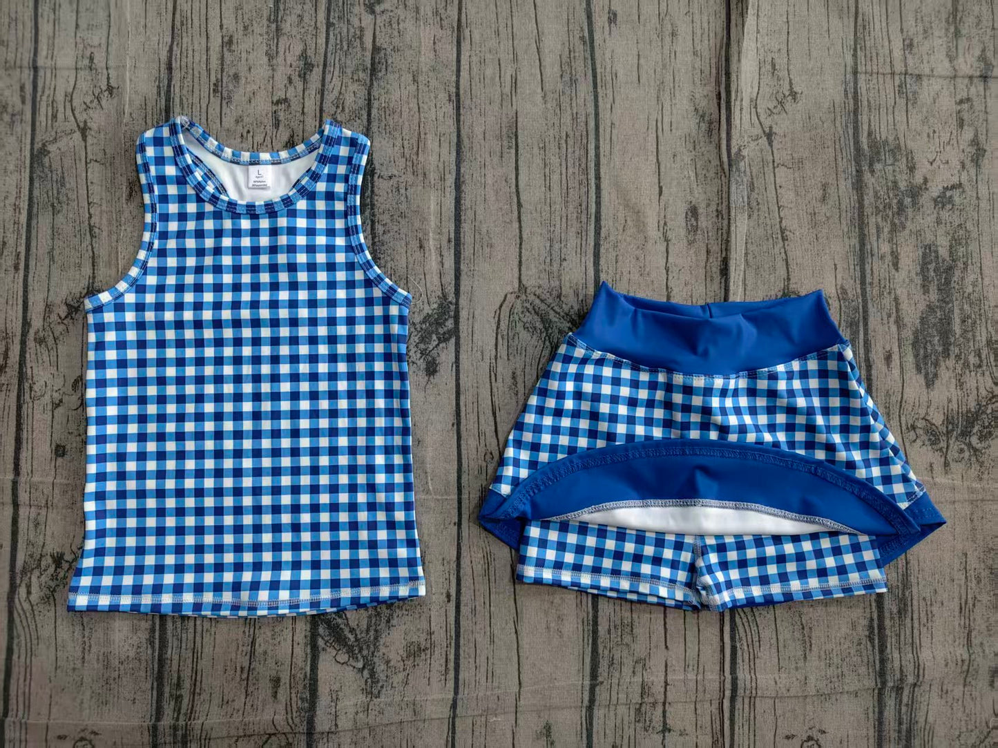 (Pre Order) No moq GSD3652 Toddler Girls Blue Plaid Tunic Skort Two Piece Set
