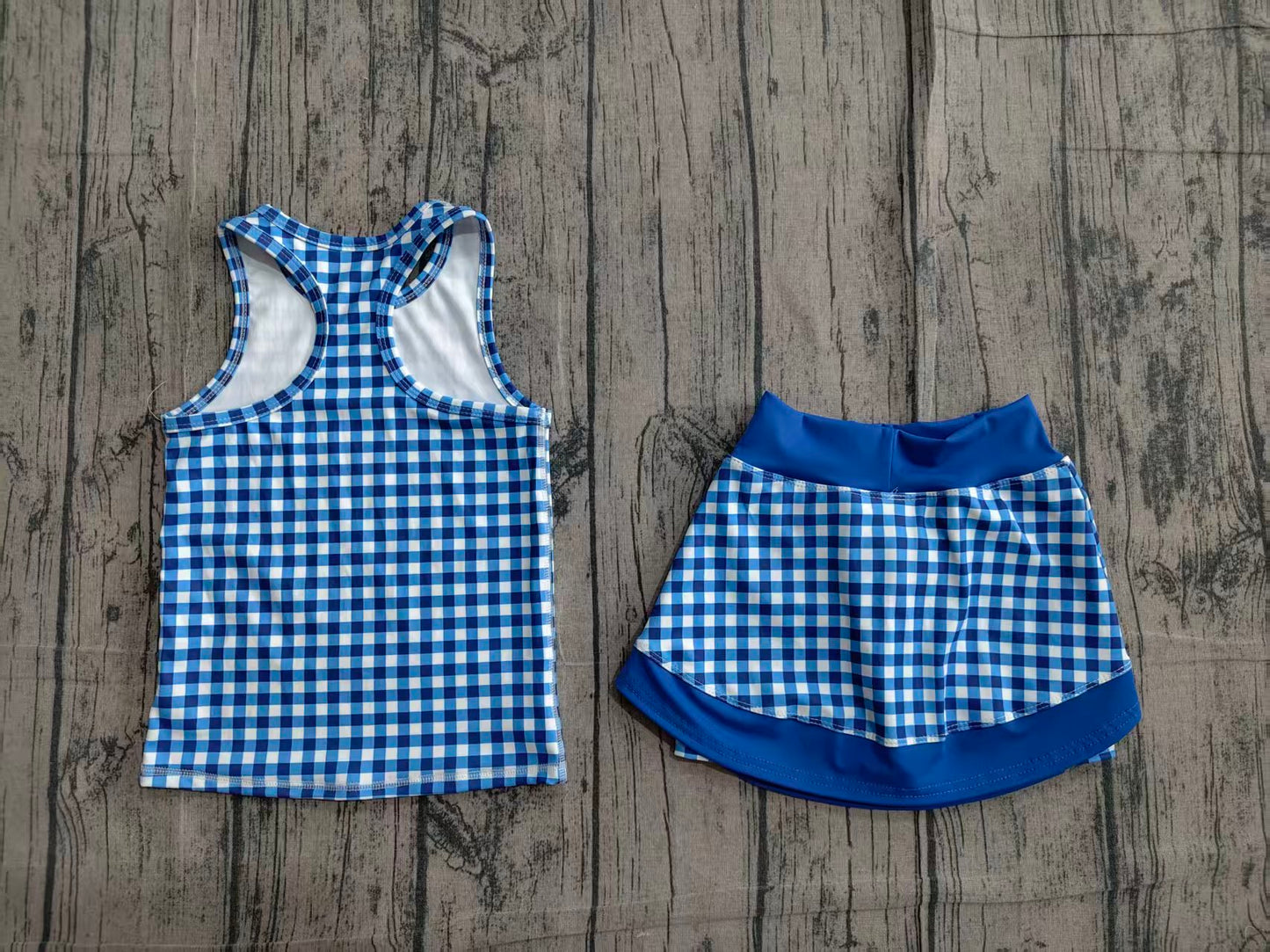 (Pre Order) No moq GSD3652 Toddler Girls Blue Plaid Tunic Skort Two Piece Set