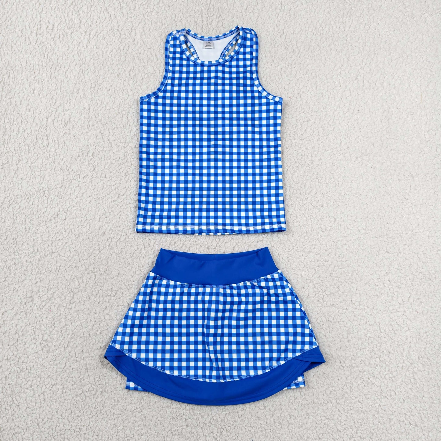 RTS NO MOQ yoga fabric GSD3652 Baby Girls Blue Plaid Tunic Skort Summer Outfit