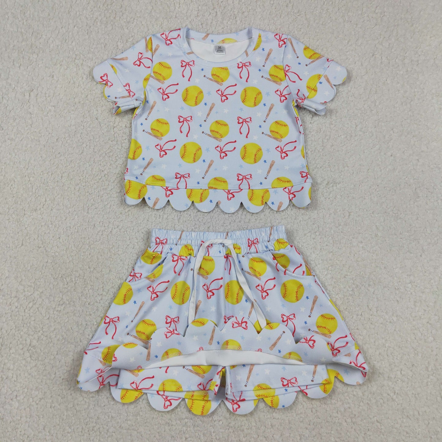 RTS NO MOQ GSD3655 Baby Girls Casual Active Wear Bow Softball Top Skirt Short Yoga Team Set