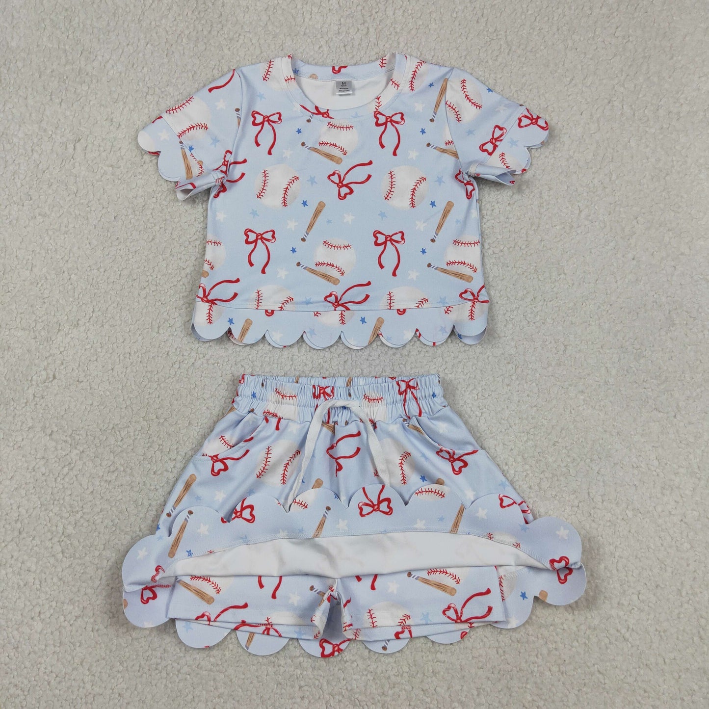 RTS NO MOQ Sibling Baby Girls Cute Softball Print Bow Top Skort Yoga Active Outfit