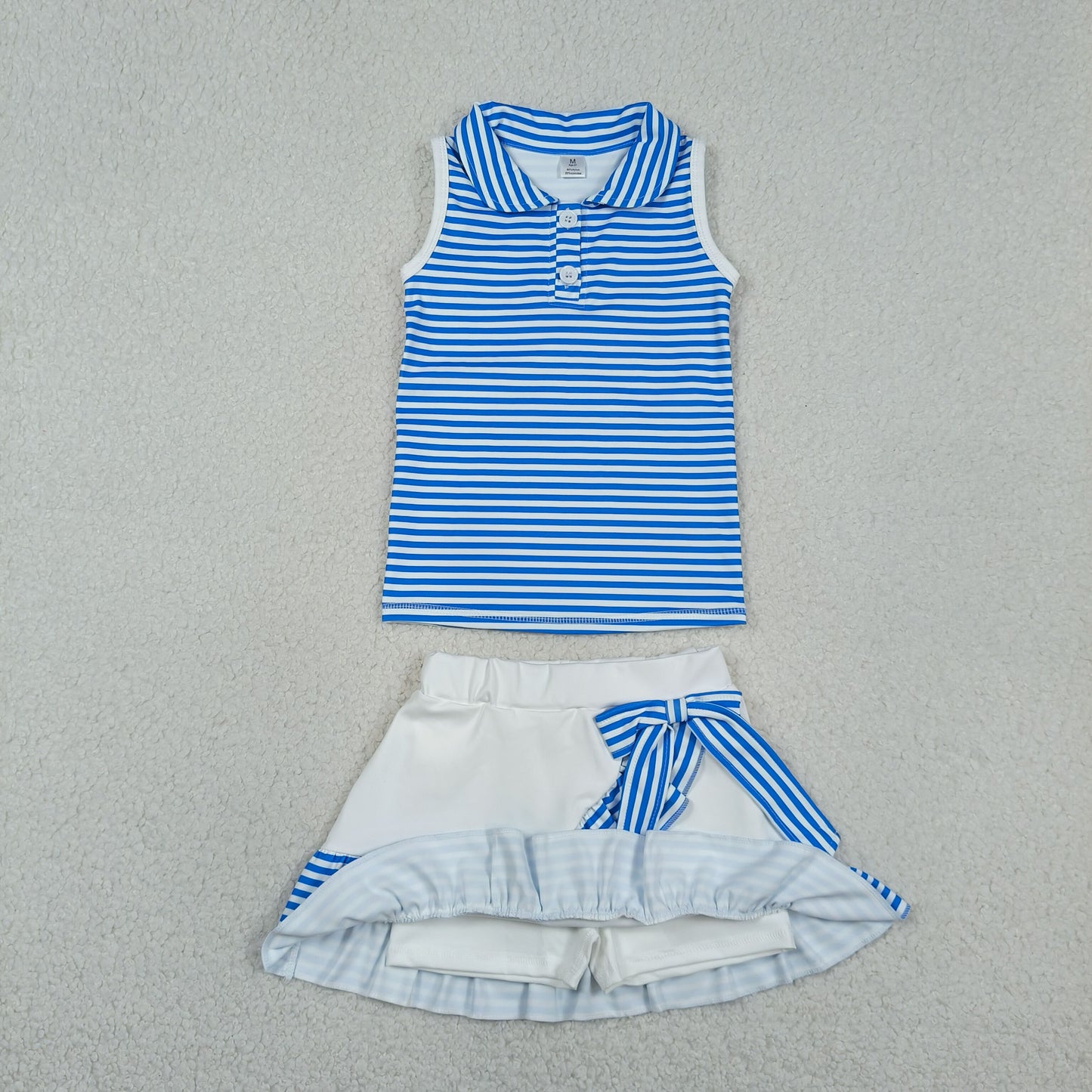 RTS NO MOQ GSD3661 Baby Girls Blue Stripe Button Top Ruffle Skirt Shorts Set Yoga Active Outfit