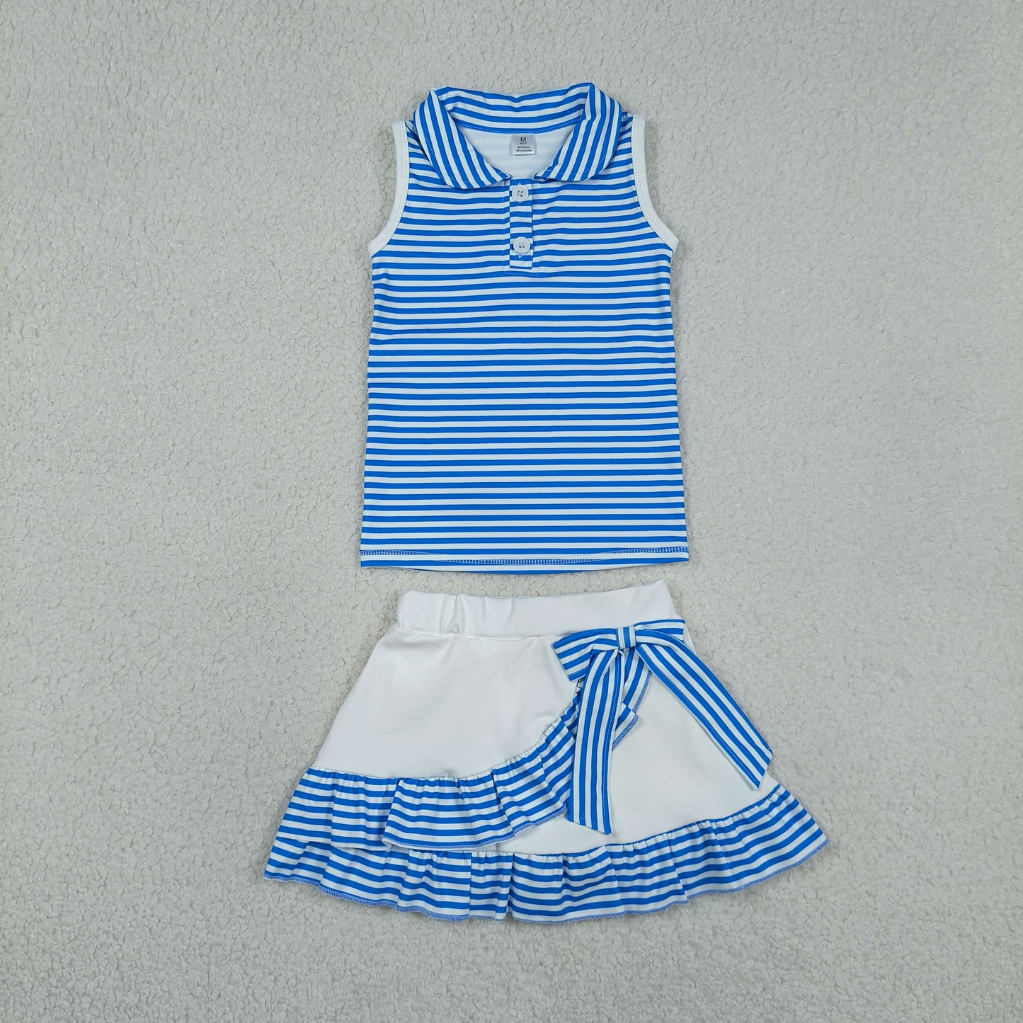 RTS NO MOQ GSD3661 Baby Girls Blue Stripe Button Top Ruffle Skirt Shorts Set Yoga Active Outfit