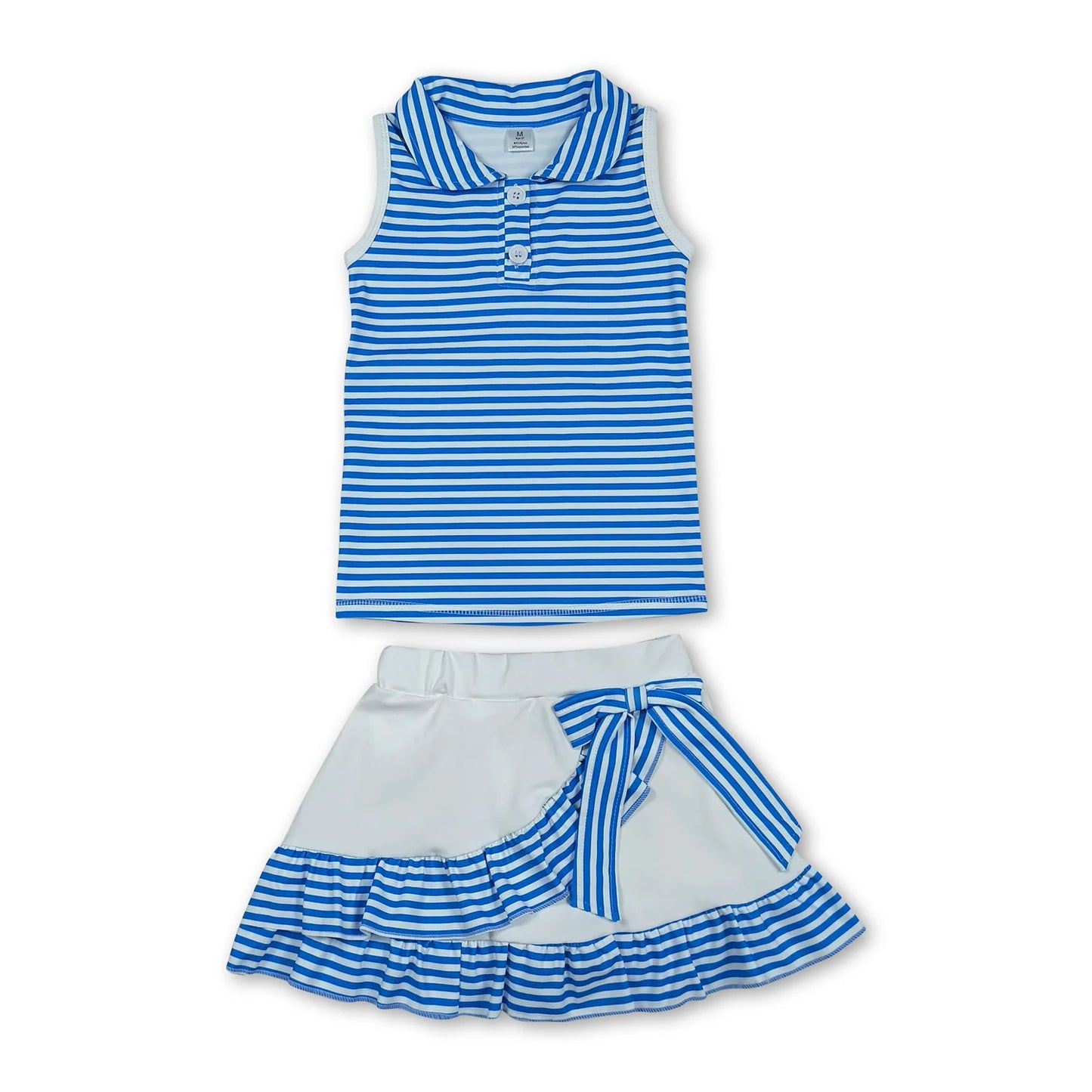 RTS NO MOQ Sibling yoga fabric Baby Girls Cute Stripe Button Vest Ruffle Short Skirt Yoga Active Set