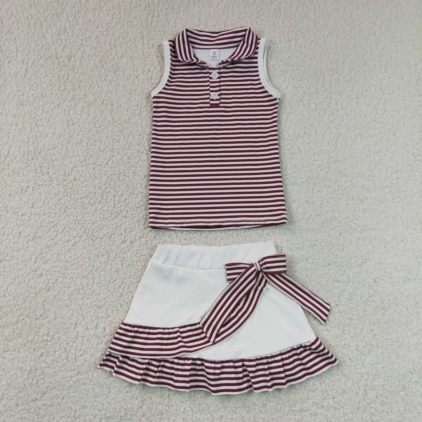 RTS NO MOQ yoga fabric GSD3662 Baby Girls Dark Red Stripe Collar Top Ruffle Skort Yoga Wear