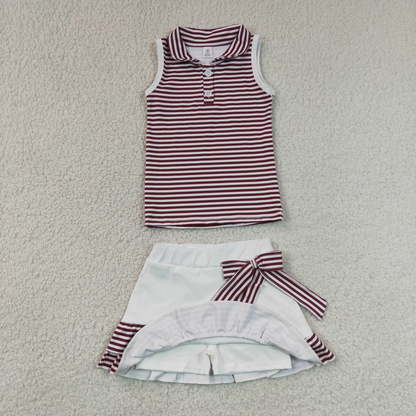 RTS NO MOQ yoga fabric GSD3662 Baby Girls Dark Red Stripe Collar Top Ruffle Skort Yoga Wear