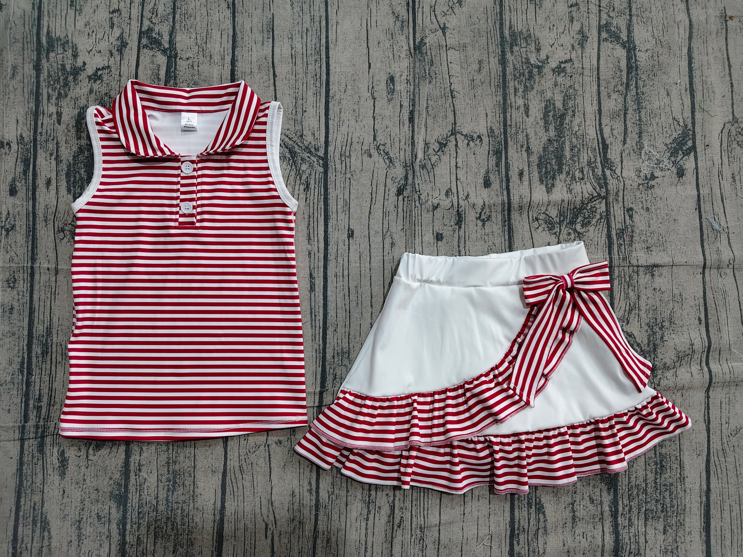 (Sample) No moq GSD3662  Yoga Baby Girls Sweet Dark Red Stripe Collar Top Ruffle Skort Yoga Wear