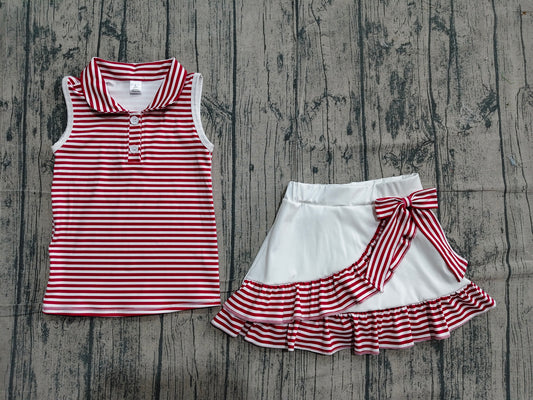 (Sample) No moq GSD3662  Yoga Baby Girls Sweet Dark Red Stripe Collar Top Ruffle Skort Yoga Wear
