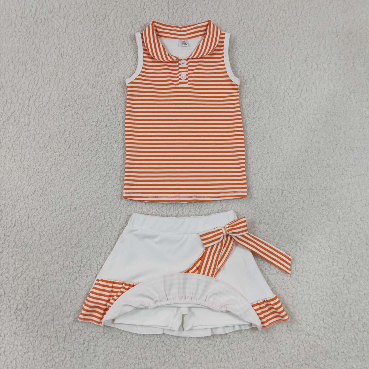 RTS NO MOQ yoga fabric GSD3663 Baby Girls Orange Stripe Button Vest Top Ruffle Skirt Shorts Yoga Active Set