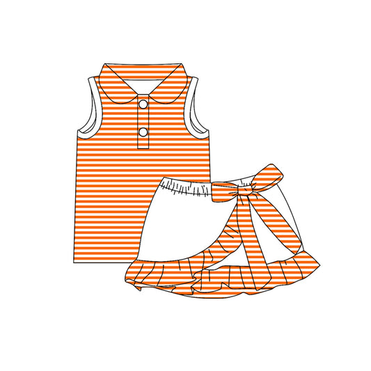 (Pre Order) No moq GSD3663 Yoga Baby Girls Cute Summer Orange Striped Button Collar Top Ruffle Skort Yoga Active Set