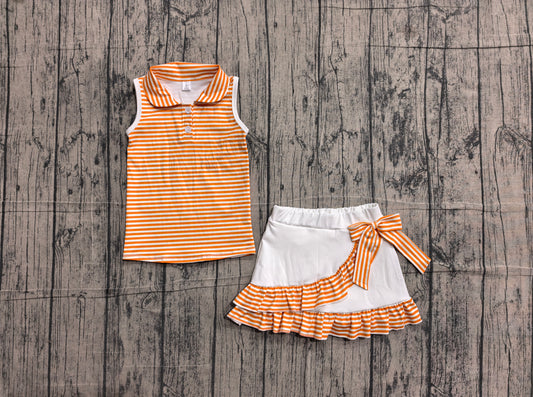 (Sample) No moq yoga fabric GSD3663 Yoga Baby Girls Orange Stripe Button Vest Top Ruffle Skirt Shorts Yoga Active Clothes Set