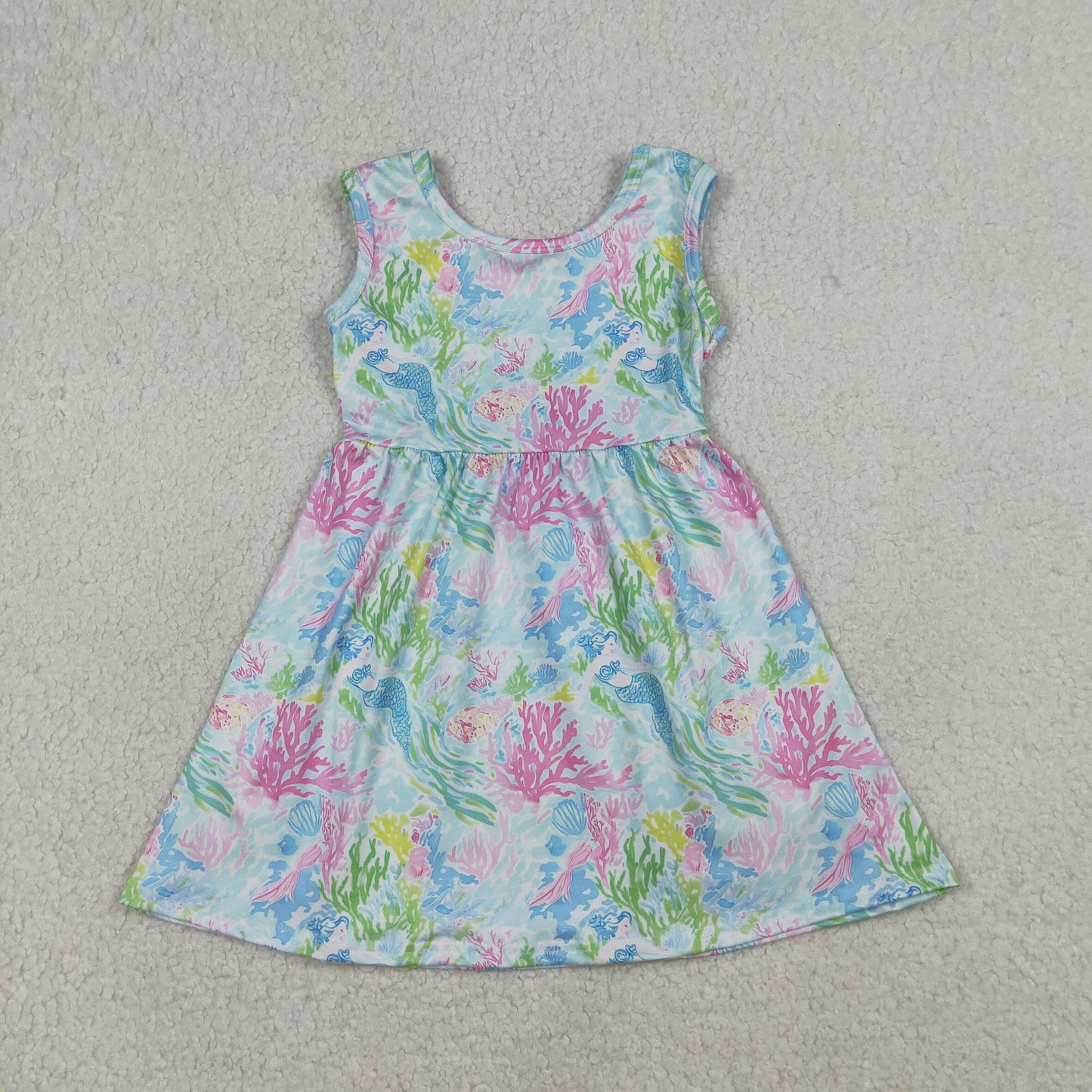 RTS NO MOQ Sibling Baby Girls Sleeveless Colorful Sea Plant Print Knee-Length Dress Rompers for Infants