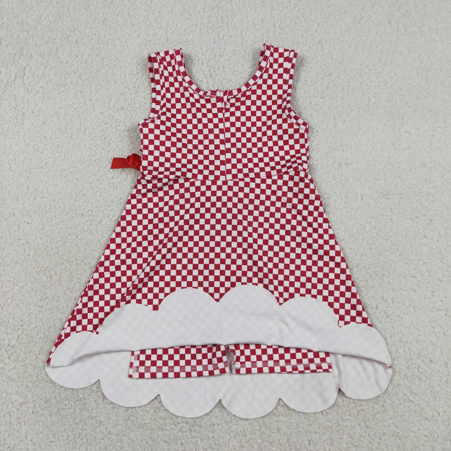 RTS NO MOQ yoga fabric GSD3669 Baby Girls Red Checked Scallop Knee Length Dress With Shorts Yoga Active Wear