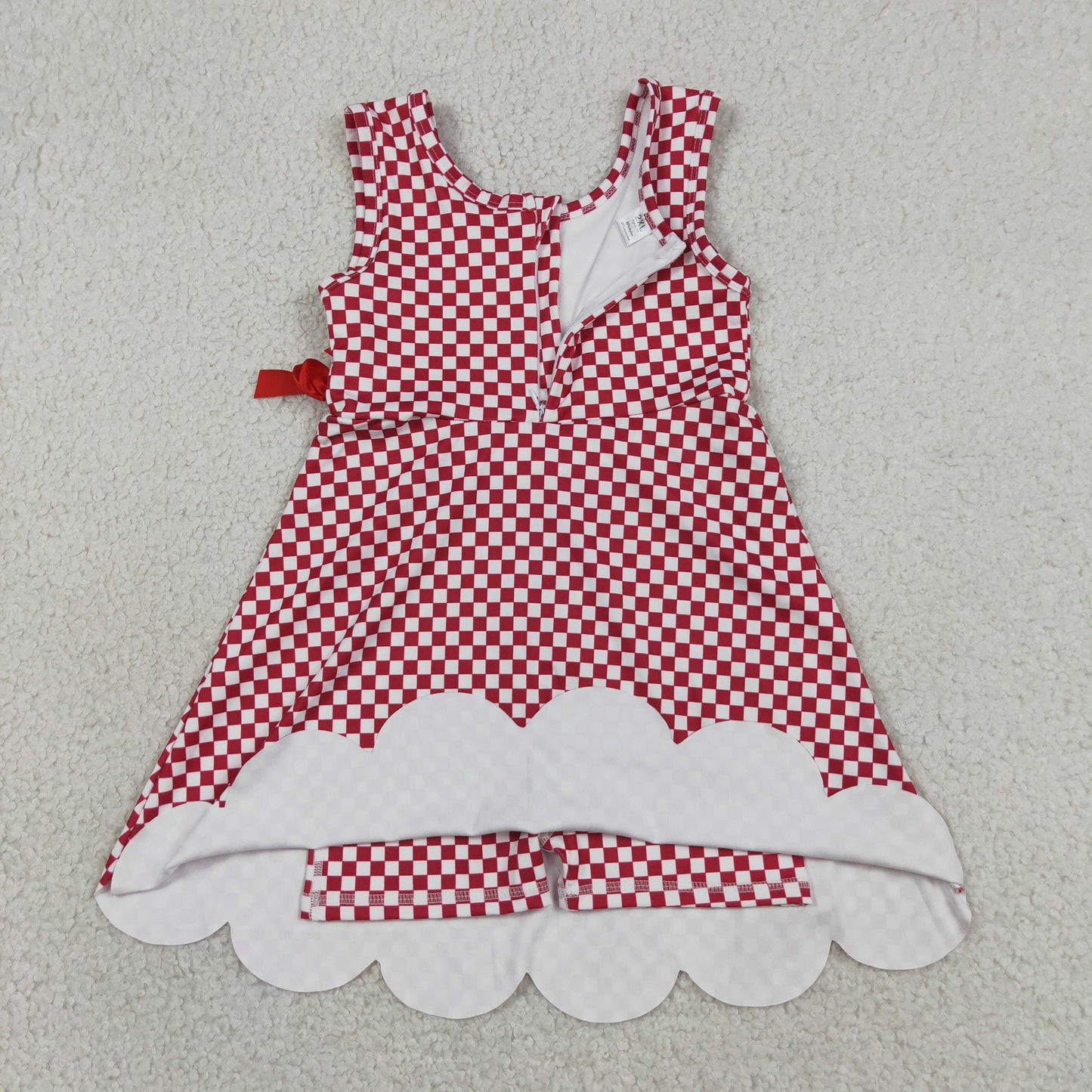 RTS NO MOQ yoga fabric GSD3669 Baby Girls Red Checked Scallop Knee Length Dress With Shorts Yoga Active Wear